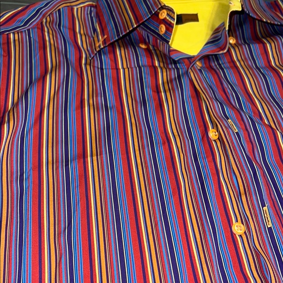 Striped Purple Red Blue Casual Button Down Shirt - Picture 4 of 5